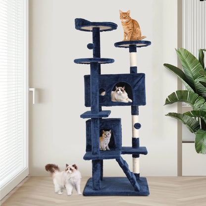 54-In Double Condo Cat Tree Tower Playhouse with Scratching Post & Perch for Indoor, Ashy