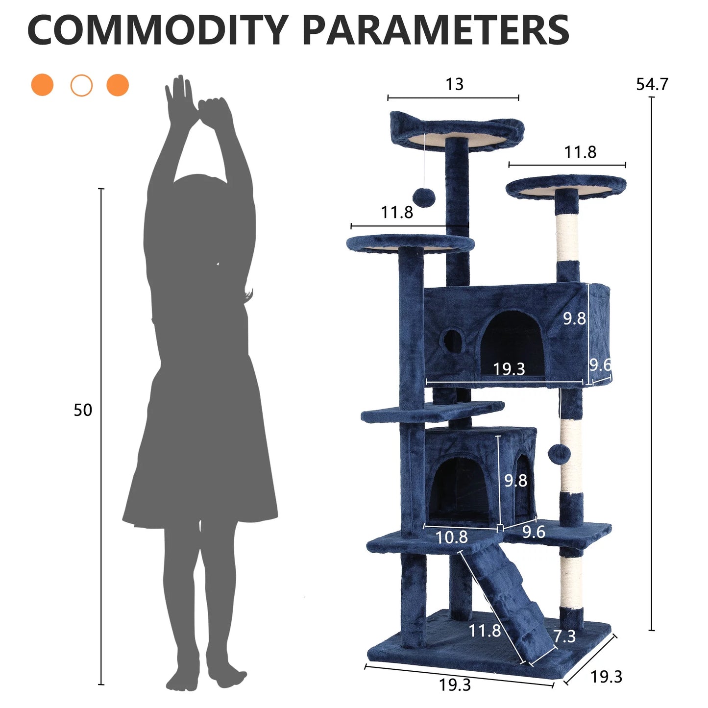 54-In Double Condo Cat Tree Tower Playhouse with Scratching Post & Perch for Indoor, Ashy