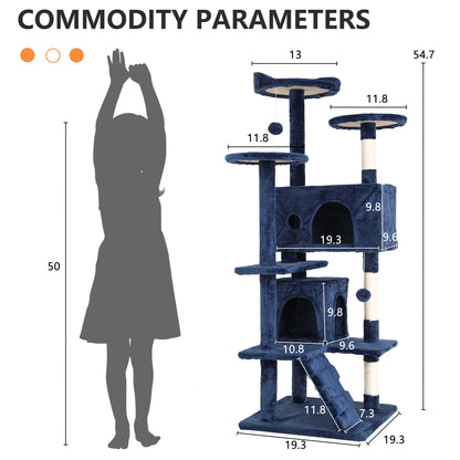 54-In Double Condo Cat Tree Tower Playhouse with Scratching Post & Perch for Indoor, Ashy