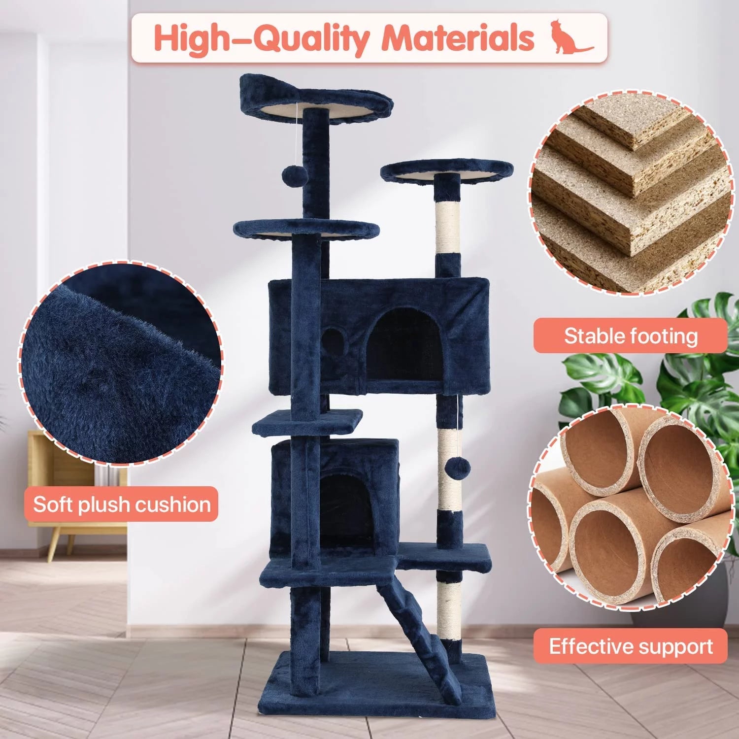 54-In Double Condo Cat Tree Tower Playhouse with Scratching Post & Perch for Indoor, Ashy