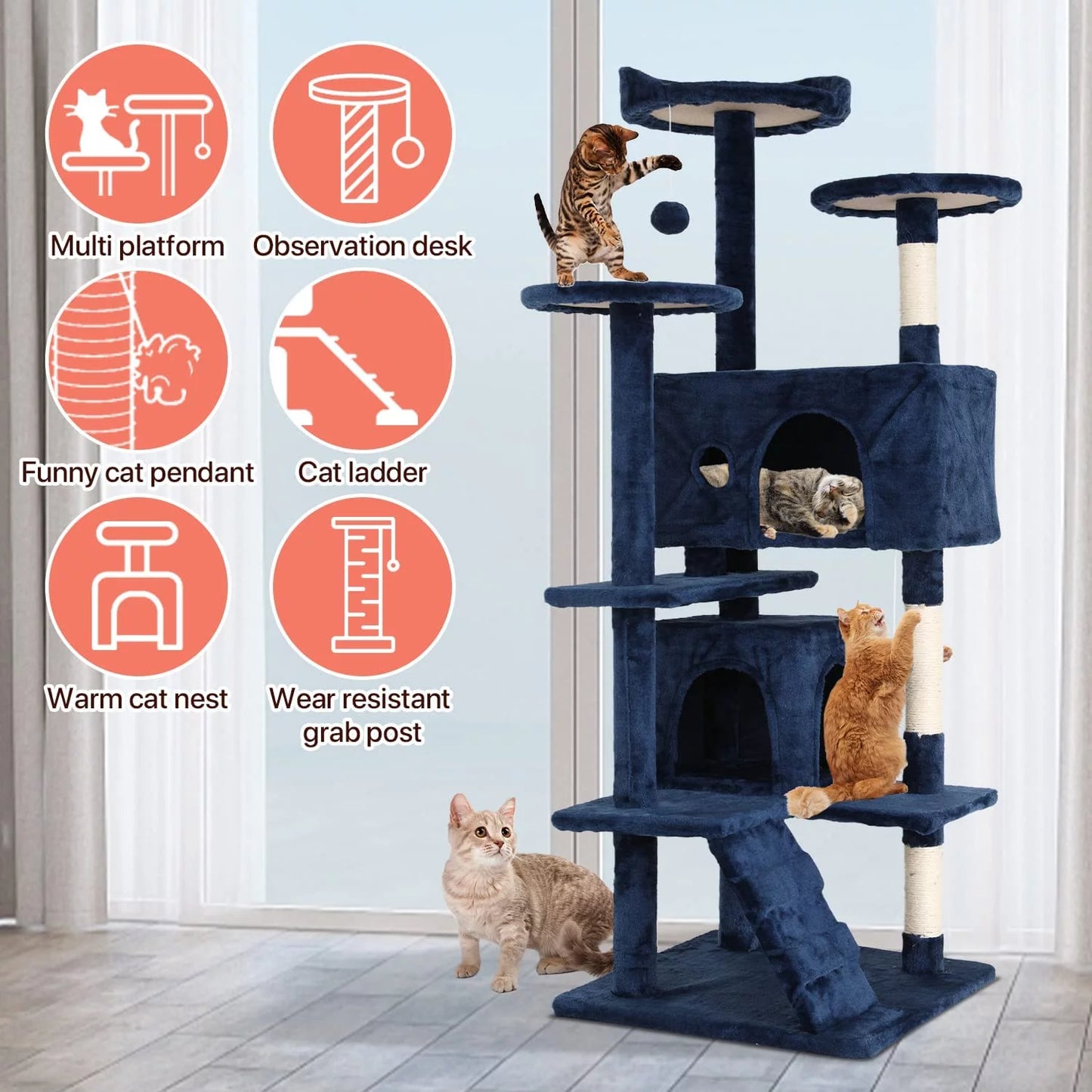 54-In Double Condo Cat Tree Tower Playhouse with Scratching Post & Perch for Indoor, Ashy