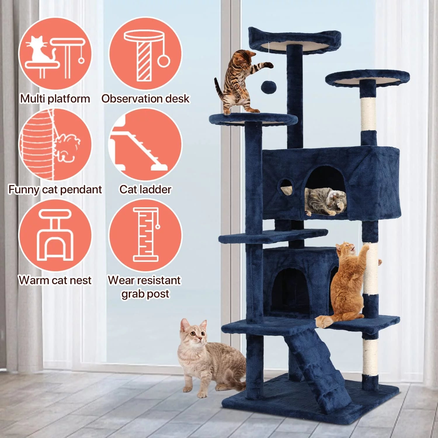 54-In Double Condo Cat Tree Tower Playhouse with Scratching Post & Perch for Indoor, Ashy