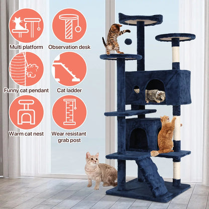 54-In Double Condo Cat Tree Tower Playhouse with Scratching Post & Perch for Indoor, Ashy