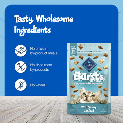 Bursts Crunchy & Creamy Cat Treats, Great for Training, Savory Seafood, 12-Oz Tub