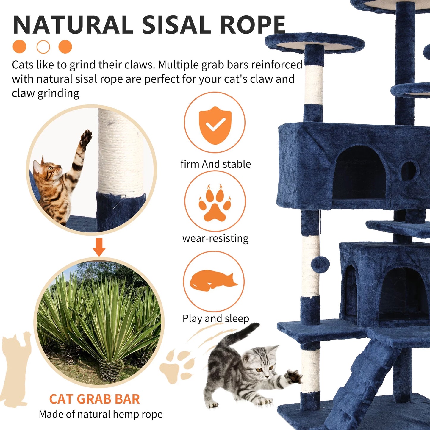 54-In Double Condo Cat Tree Tower Playhouse with Scratching Post & Perch for Indoor, Ashy
