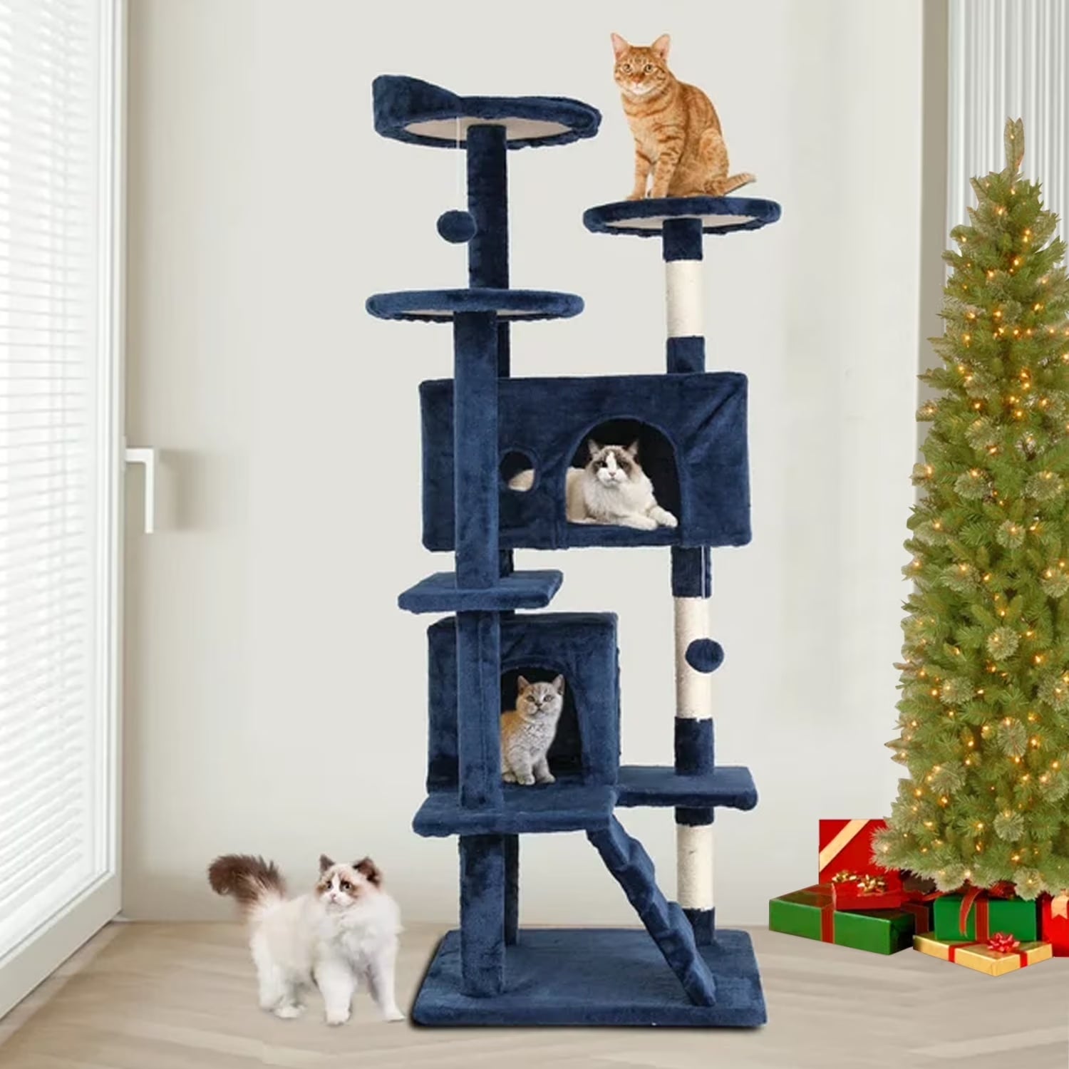 54-In Double Condo Cat Tree Tower Playhouse with Scratching Post & Perch for Indoor, Ashy